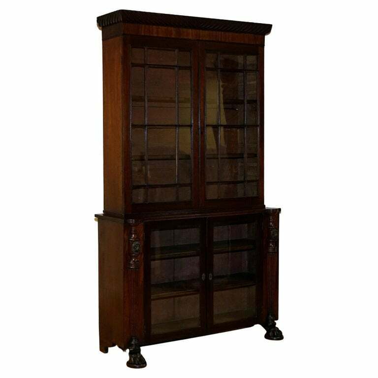 VICTORIAN MAHOGANY BOOKCASE WITH LION MASK CLAW FEET GLAZED DOORS