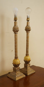 BEAUTIFUL PAIR OF FRENCH STYLE LAMPS WITH MARBLE LOOK BALL ON THE BOTTOM