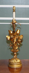 ITALIAN HOLLYWOOD REGENCY GOLD TONE WITH TULIP & LOTUS FLOWER DESIGN TABLE LAMP