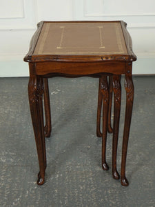 VINTAGE NEST OF TABLES QUEEN ANNE STYLE LEGS WITH BROWN EMBOSSED LEATHER TOP J1