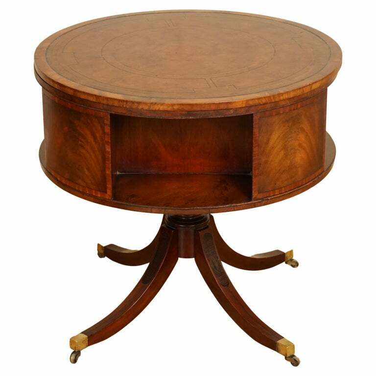 REGENCY STYLE REVOLVING BOOKCASE DRUM TABLE HAND DYED WHISKEY BROWN
