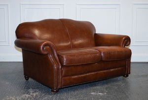 STUNNING VINTAGE LAURA ASHLEY BROWN LEATHER HUMP BACK 2 SEATER SOFA