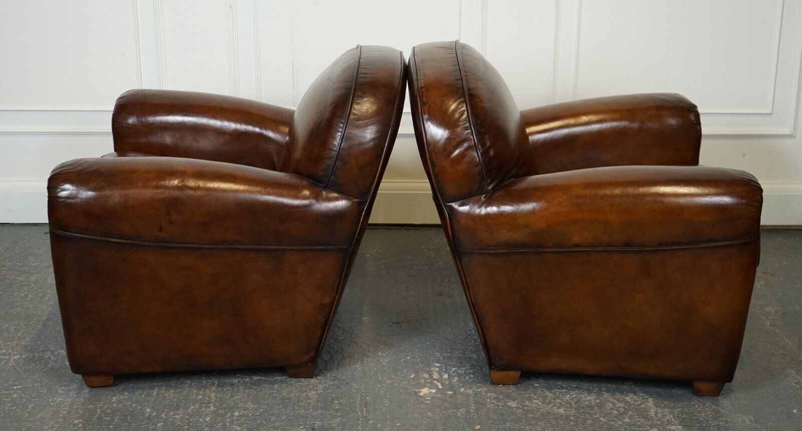 STUNNING PAIR OF ART DECO STYLE HAND DYED WHISKEY BROWN CLUB ARMCHAIRS