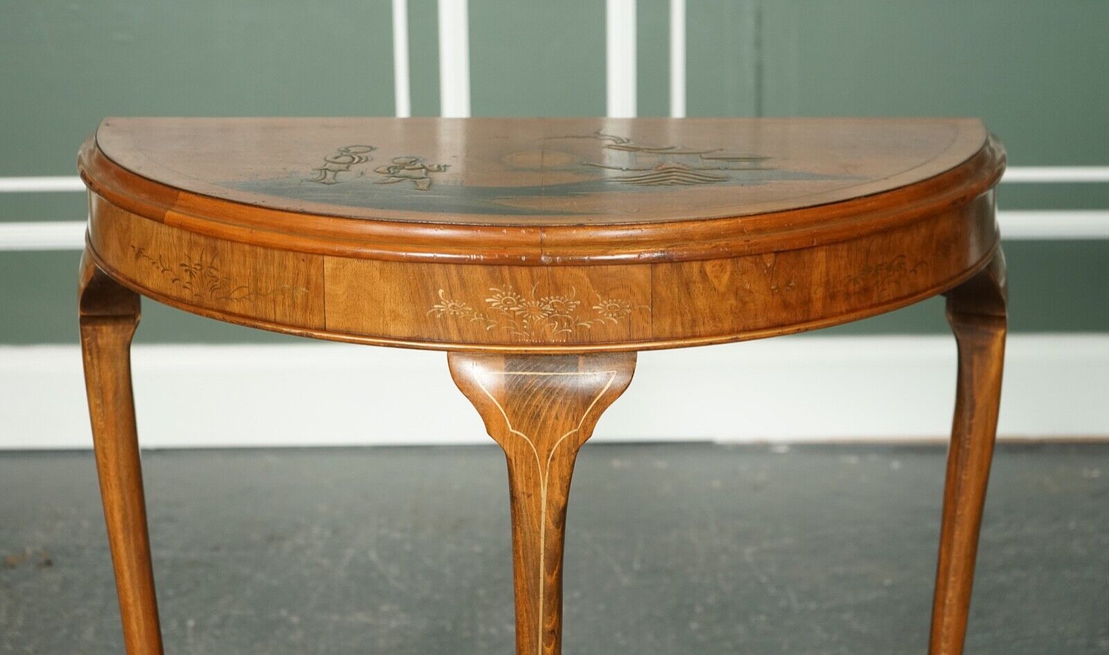 VINTAGE ORIENTAL HALF MOON DEMI LUNE TABLE MADE BY NORTHAMPTON CABINET COMPANY