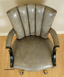 VINTAGE ART DECO SHELL BACK GREY LEATHER LACQUERED FRAME SWIVEL CHAIR 1 OF 2