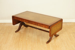 VINTAGE BEVAN FUNNELL EXTENDING MAHOGANY COFFEE TABLE WITH LEATHER TOP