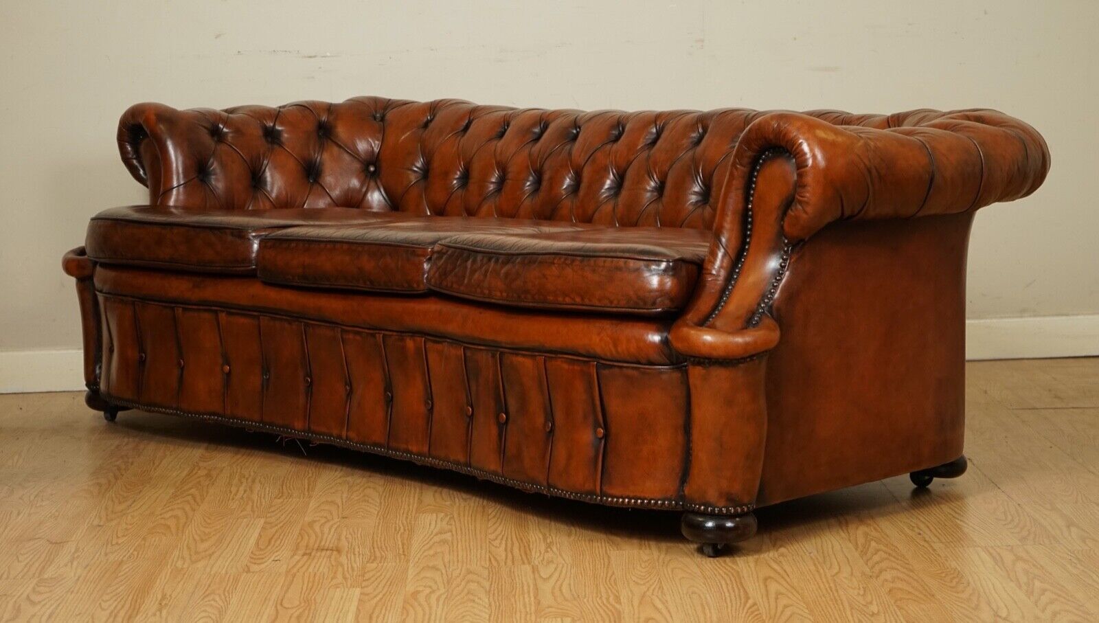 ONE OF A KIND WHISKEY BROWN HAND DYED LEATHER SERPENTINE CLUB CHESTERFIELD SOFA