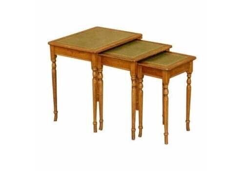 Nest Of Three Yew Wood Green Leather Top & Gold Leaf Embossed Side Tables