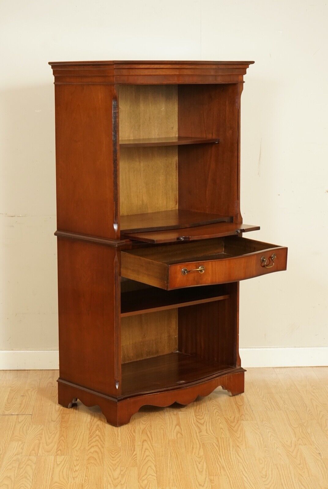 OPEN BOOKCASE CABINET WITH SHELVES SERVING TRAY AND DRAWER