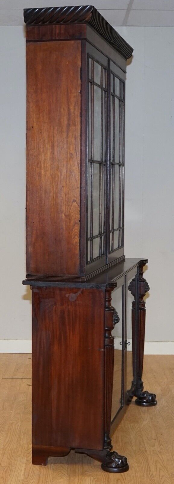VICTORIAN MAHOGANY BOOKCASE WITH LION MASK CLAW FEET GLAZED DOORS