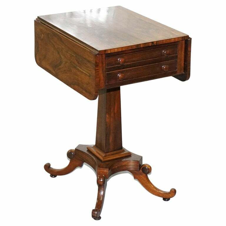 STUNNING REGENCY ROSEWOOD WORK TABLE WITH DROP LEAVES AND TWO DRAWERS