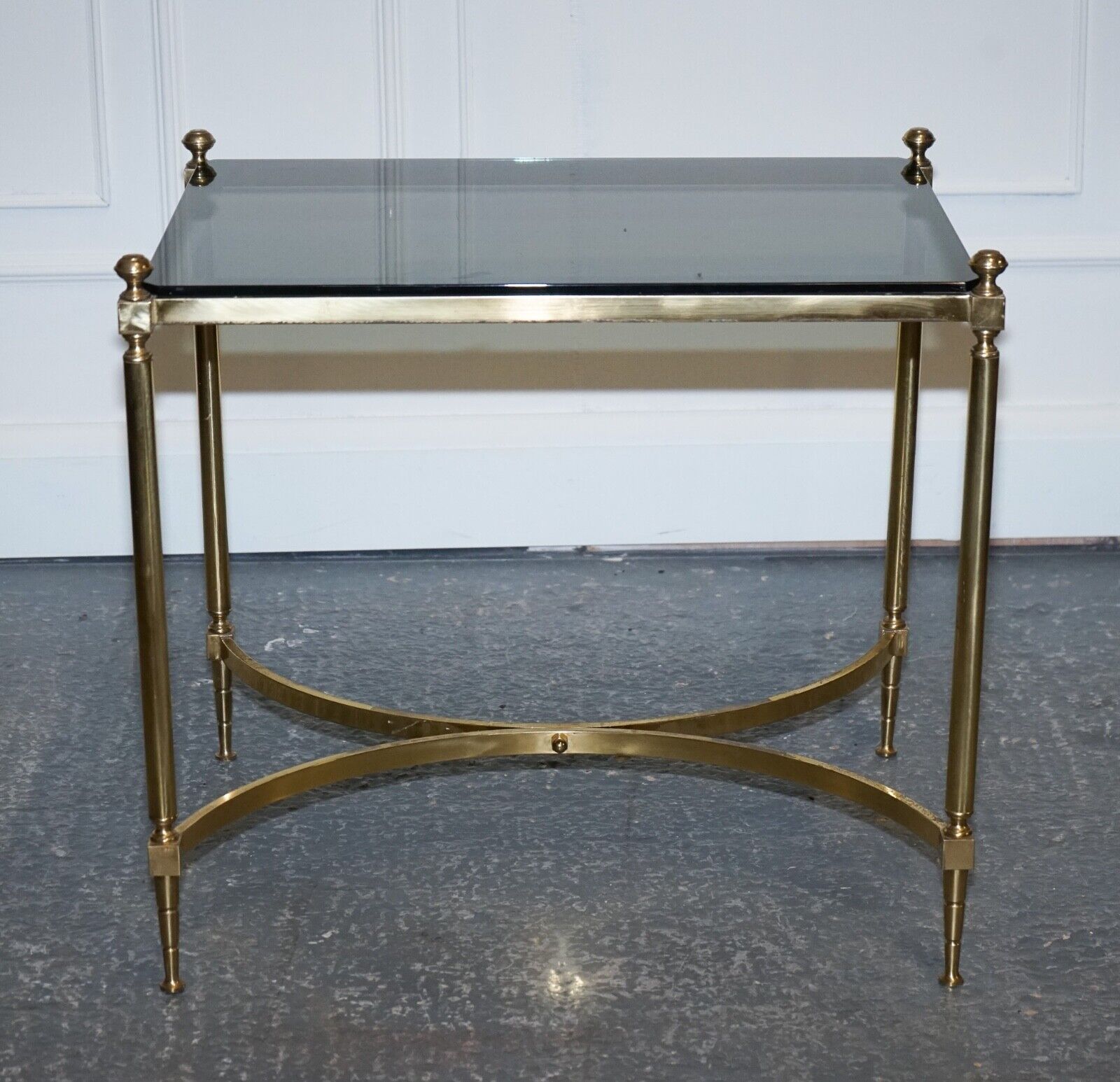 FRENCH HOLLYWOOD REGENCY 1960s BRASS & SMOKED GLASS COFFEE TABLE