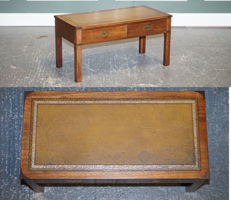 HARRODS LONDON KENNEDY MILITARY CAMPAIGN COFFEE TABLE WITH BROWN LEATHER TOP