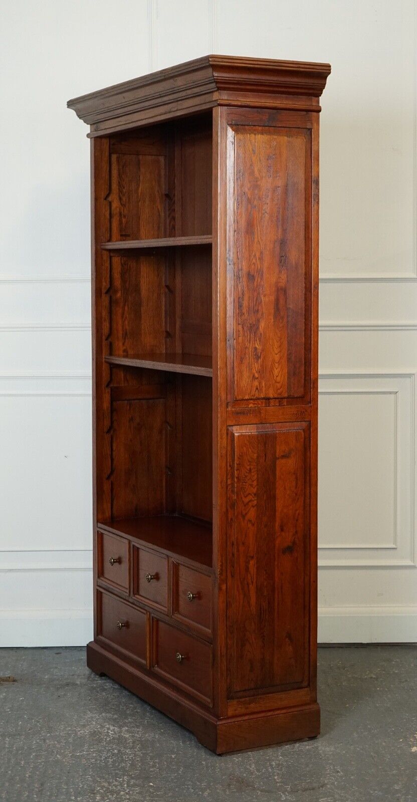 LOVELY VINTAGE TEAK OPEN BOOKCASE WITH 5 DRAWERS BRASS HANDLES J1