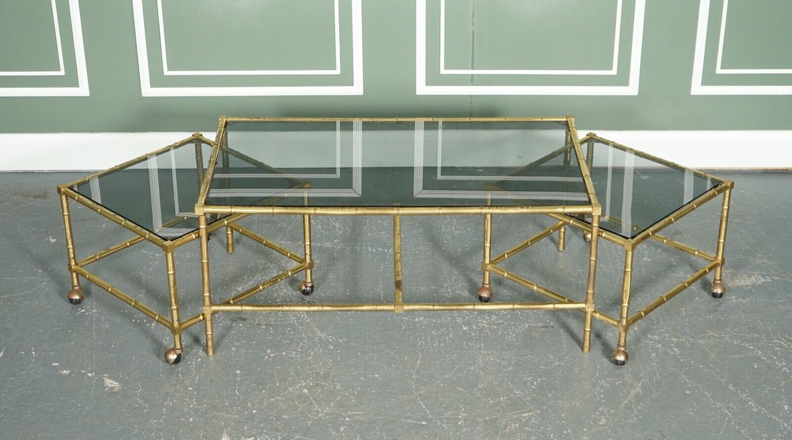 HOLLYWOOD REGENCY GOLDEN BAMBOO COFFEE TABLE SET WITH 2 SIDE TABLES ON CASTORS