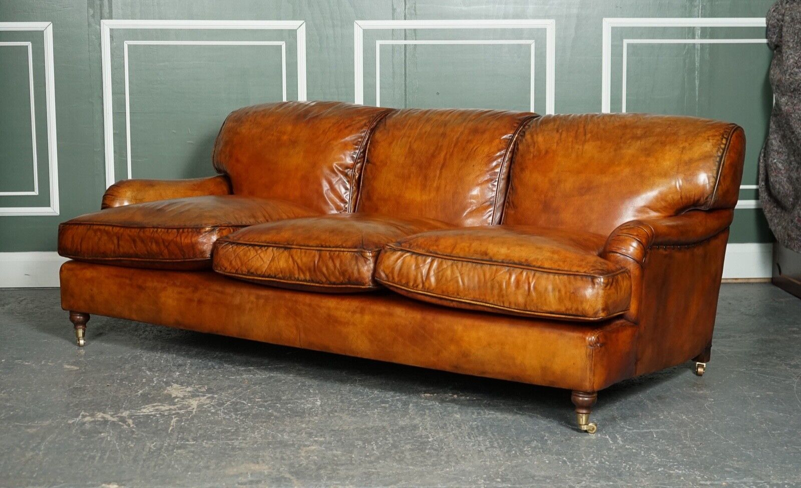 VINTAGE BROWN LEATHER HAND DYED HOWARDS & SONS STYLE 3 SEATER SOFA FEATHER